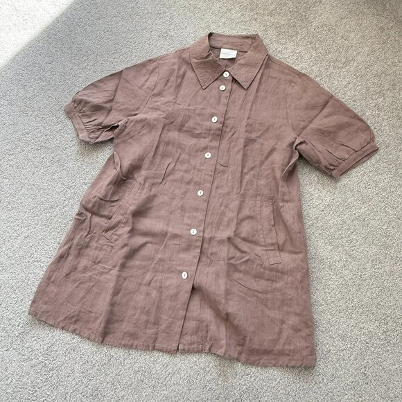 Geiger Collections Brown 100% Linen Puffed Sleeves Summer Collared US 10 - Picture 1 of 6